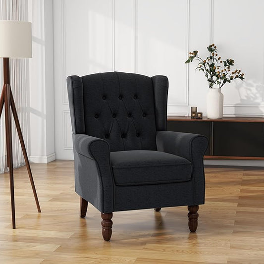 UIXE High Back Accent Chair, Fabric Upholstered Armchair Wingback Club Chair for Living Room, Comfy Single Sofa Bedroom Retro Reading Seat with Solid Wood Legs - Brown