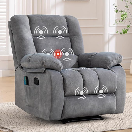 ANJHOME Massage Recliner Chairs with Heat and Vibration,Overstuffed Manual Rocking Reclining Chair for Living Room Bedroom (Light Grey)