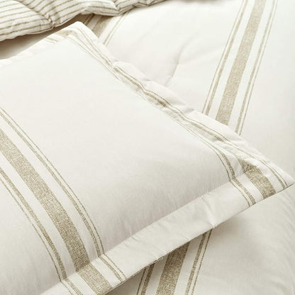 Lush Decor Farmhouse Stripe Reversible Cotton Comforter Set, 3 Piece Set, Full/ Queen, Neutral - Cozy Farmhouse Bedding Set - Rustic Decor - Striped Comforter - Modern Farmhouse Bedroom Decor
