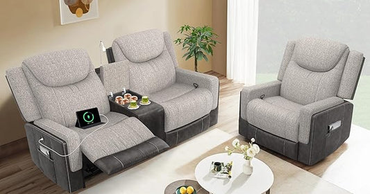 Manual Loveseat Recliner Sofa Set, 2 Seater Reclining Loveseat with Storage Console and Single Oversize Recliner Chair, 2+1 Pieces Luxury Living Room Furniture Set, Couches for RV (Grey)
