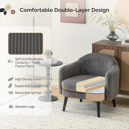 VINGLI 30.3" Wide Modern Barrel Accent Armchairs Set of 2 with Track Armrest, Solid Wooden Legs, Comfy Upholstered Club Chairs, Single Home Sofa for Living Room, Bedroom, Reading Room, Corduroy Grey