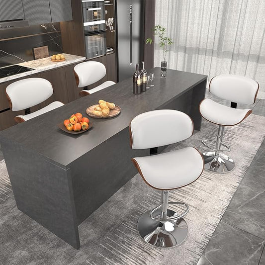 Bar Stools Set of 2, Bar Stools for Kitchen Island with Bentwood Back and Leather Seat, Swivel Barstools for Kitchen Counter, Bar, White