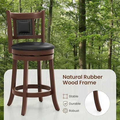COSTWAY Bar Stool Set of 2, 25.5” Swivel Upholstered Counter Height Bar Stool with Curved Backrest & Cushioned Seat, Solid Rubber Wood Legs & Resting Footrest, for Kitchen Island (2, 25.5”)