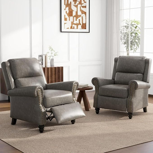 UIXE PU Leather Pushback Recliner Chairs Set of 2, Overstuffed Armchair Push Back Accent Chair for Living Room, Rivet Trim Club Chair Home Theater Single Sofa Bedroom Side Reading Seat - Gray