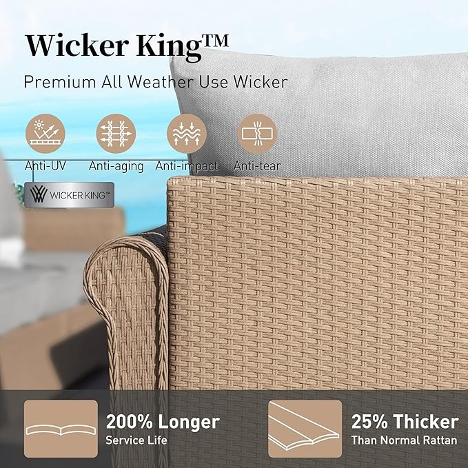 Patio Furniture Set 5 pcs, Wicker Rattan Outdoor Furniture with 5.5” Thick Cushions, 3-Seat Sofa, 2 Chairs and 2 Ottomans, Outdoor Conversation Set for Garden Backyard Deck, 7 Seats Grey
