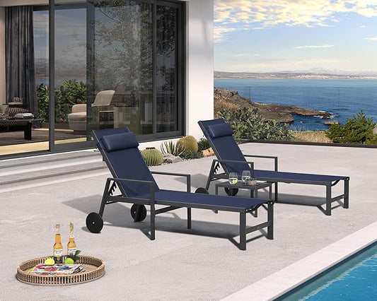 PURPLE LEAF Patio Lounge Chair Set of 3 Outdoor Chaise Lounger Aluminum Frame with Armrest Side Table and Wheels for Pool Outside Sunbathing Tanning Recliner Including Pillows Navy Blue