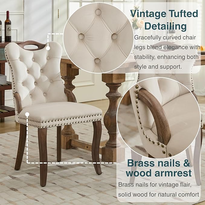 Velvet Dining Chairs Set of 6, Solid Wood Handles, Wooden Upholstered Dining Chair, Vintage Copper Nail Decoration, Mid Century Modern Kitchen Chair (Beige, Set of 6)