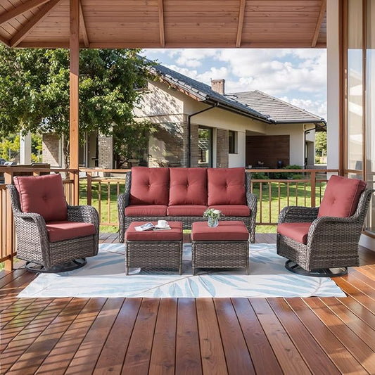HUMMUH 5 Pieces Patio Furniture Set Wicker Outdoor Sectional Sofa with Swivel Rocking Chairs,Patio Ottomans