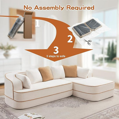 Cloud Sectional Sofa Modern Boneless Couch for Living Room, Comfy Deep Seat Comfy Teddy Fabric Double Sofa Chaise No Assembly Required (White, 106" L Shape with Right Facing)