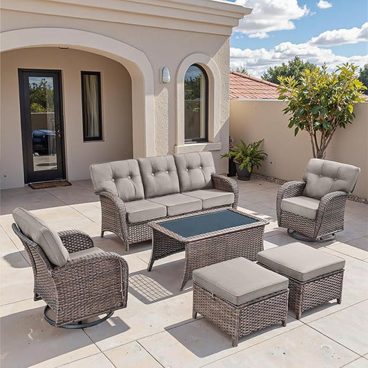 6-Piece Rotating Balcony Chair Set with 31-inch T-Shaped Wide backrest - Rattan Outdoor Rotating Balcony Chairs, Wide backrest Comfortable Outdoor Sliding Chair - Brown | Grey