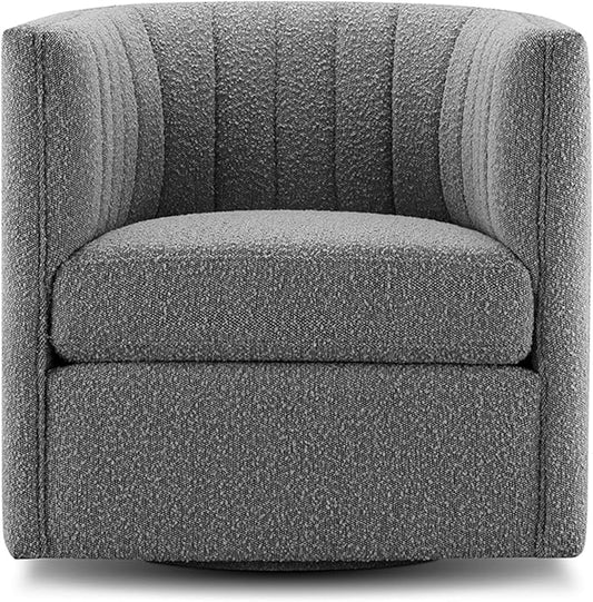 CHERS Rivet Mid-Century Modern Swivel Armchair, Bouclé Fabric Channel-Tufted Accent Chair, 360-Degree Rotating Lounge Chair with Ergonomic Design for Living Room, Bedroom, Home Theater, Gray