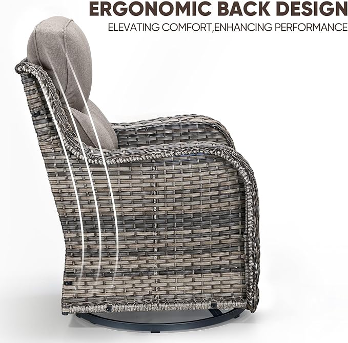 Swivel Patio Chairs Sofa Set of 4 with 6" Thick Cushion - Wicker Outdoor Swivel Rocker Patio Chair with Side Table, High Back Comfortable Outdoor Glider Chairs Grey Wicker Grey Cushions