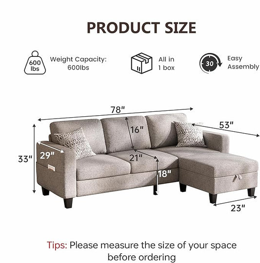 Sectional Sofa and Couches for Living Room, 78'' Brown 3 Seat L-Shaped Couch with Movable Ottoman, Comfy Linen Convertible Sectionals Sofas with Chaise for Apartment, Office, Small Space