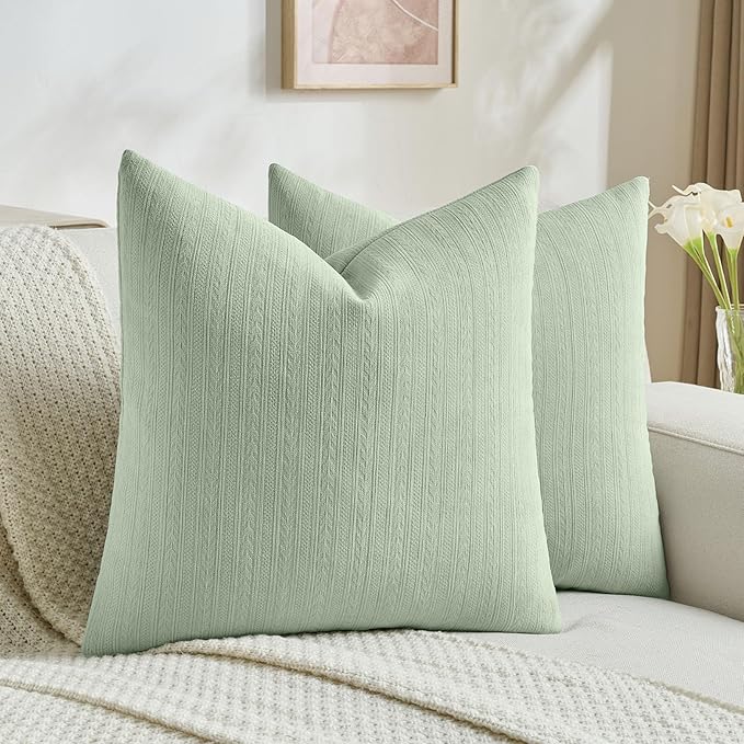FUTEI Sage Green Decorative Throw Pillow Covers 16x16 Inch Set of 2,Soft Cozy Wheat Ear Striped Patterns Cushion Cases,Modern Home Decor for Couch Bed Living Room