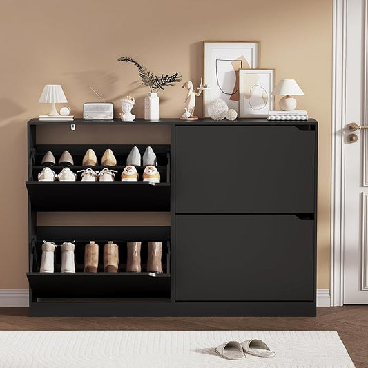 Shoe Storage Cabinet, Wood Shoe Organizer for Entryway with 4 Flip Drawers, Freestanding Shoe Rack with Adjustable Shelf, Narrow Shoe Dresser for Front Door Entrance(Black, 47.24" x 32.28" x 9.44")