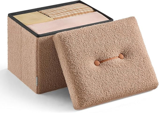 SONGMICS Small Folding Storage Ottoman, Foot Rest Stool, 12.2 x 16.1 x 12.2 Inches, Ottoman with Storage, Load up to 286 lb, for Living Room, Bedroom, Dorm, Camel Brown ULSF094K01