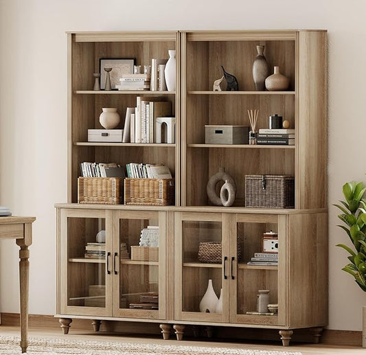 WAMPAT 5 Tier Bookshelf 72" Tall Bookcase with Glass Doors,Large Farmhouse Display Book Shelf with Adjustable Shelves and Storage Cabinet，Library Wood Bookshelves for Living Room,Kitchen, Oak(2PCS)