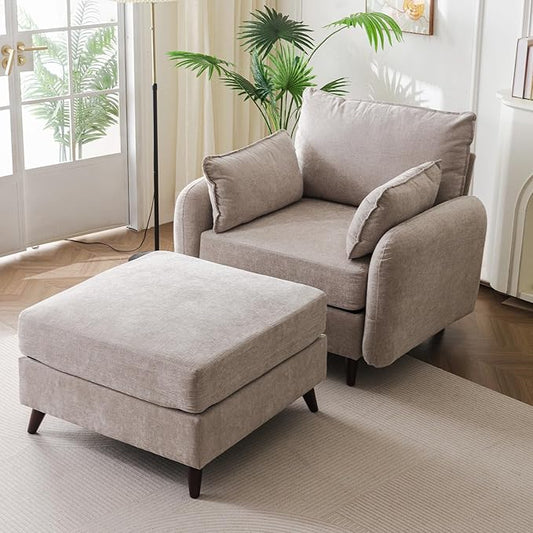 Oversized Accent Chair with Ottoman,All Seats Storage,Comfy Armchair,24.5'' Deep Seat,Upholstered Living Room Chairs,Reading Chair,Lounge Chair for Bedroom,Office,Chenille,Khaki