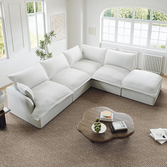 Oversized Cloud Modular Sectional Sofa, Comfy Down Filled Cloud Couch with Removable Cover, L Shaped 4 Seat Couch with Ottoman, Deep Seat Sectional Couches for Living Room, Cream White