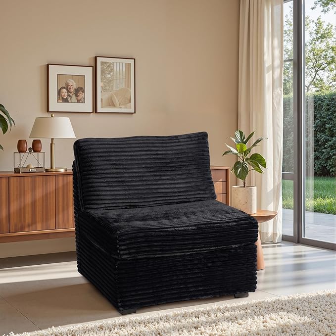 32.7'' Middle Seat for Modular Sectional Sofa, Deep Seat Upholstered Armless Chair Sleeper Sofas, L/U/V Shaped Plush Corduroy Cloud Couch for Living Room Apartment, Black