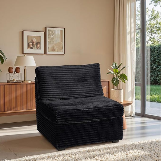 32.7'' Middle Seat for Modular Sectional Sofa, Deep Seat Upholstered Armless Chair Sleeper Sofas, L/U/V Shaped Plush Corduroy Cloud Couch for Living Room Apartment, Black