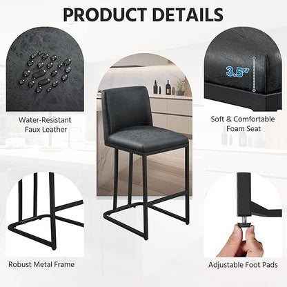 Yaheetech Bar Stools Set of 2, Counter Height Kitchen Stools 24'' Modern Leather Upholstered Bar Chairs with Back and Metal Legs for Kitchen Counter, Dark Gray