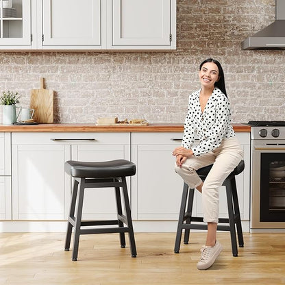 Counter Height Bar Stools Set of 2, 24 Inch Barstools for Kitchen Counter, Kitchen Stools with Faux Leather Saddle Seats & Heavy Duty Metal Legs, Easy Assembly, Forest Green