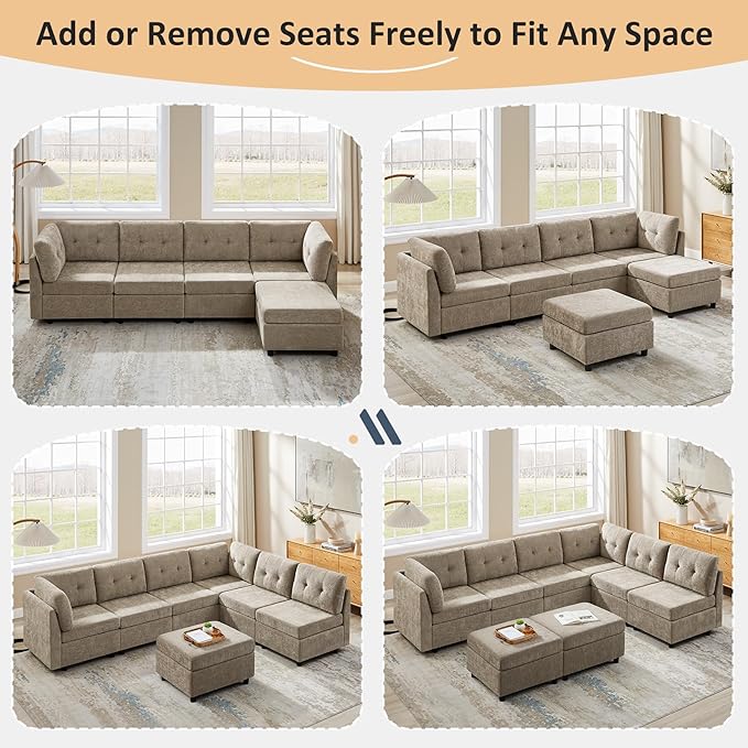 VANOMi 6 Seat Cloud Modular Sofa, 118" Convertible Sectional Cloud Sofas & Couches for Living Room, Comfy Chenille Sectional Couches for Living Room, Apartment, Office, Camel, Sofa Bed