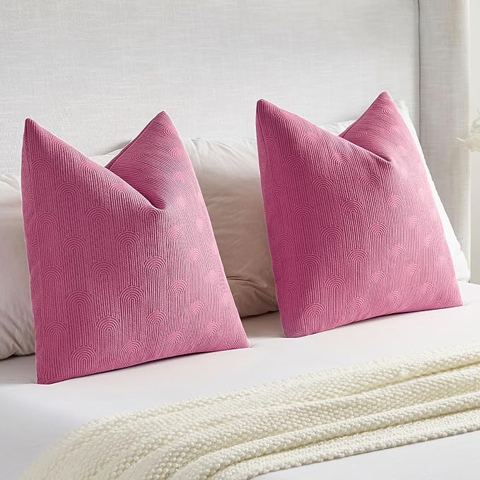 FUTEI Hot Pink Chenille Decorative Throw Pillow Covers 16x16 Inch Set of 2,Soft Cozy Striped Geometric Patterns Cushion Cases,Modern Home Decor for Couch Bed Living Room