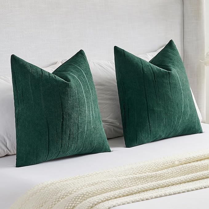FUTEI Dark Green Chenille Decorative Throw Pillow Covers 20x20 Inch Set of 2,Soft Embossed Striped Textured Cushion Case,Modern Home Decor for Couch Bed Living Room