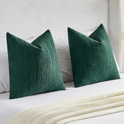 FUTEI Dark Green Chenille Decorative Throw Pillow Covers 16x16 Inch Set of 2,Soft Embossed Striped Textured Cushion Case,Modern Home Decor for Couch Bed Living Room