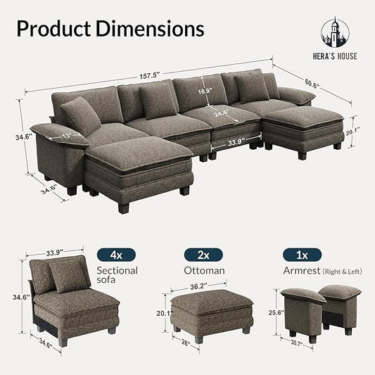 HERA'S HOUSE 158" Modular Sectional Sofa, Oversized U Shaped Couches for Living Room, Comfy Cloud Couch with Ottoman, 6-Seater Deep Seat Sofa with Throw Pillow, Chenille Ash