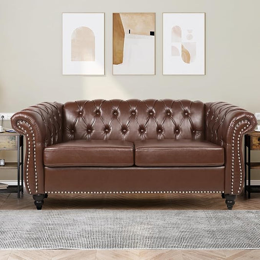 Loveseat Sofa Couch, Modern PU Leather Upholstered Sofa, Oversized Comfy 2 Seater Love Seat Couch with Cushions, Mid Century Tufted Chesterfield Sofa for Living Room, Bedroom, Apartment (Brown)