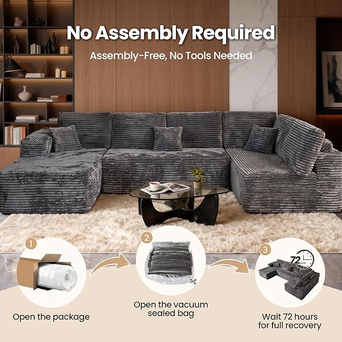 Cloud Sectional Couch with Chaise, Boneless U-Shaped Cloud Couch with Deep Seat, Soft Plush Modern Minimalist Sofa, Assembly Free Modular Floor Sofa for Office Living Room Apartment, Grey