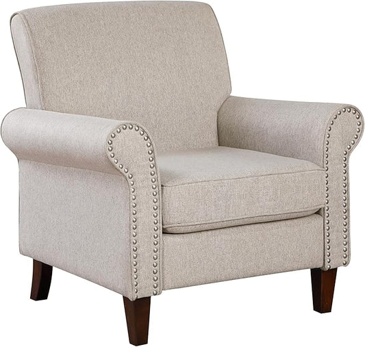 Prilinex Upholstered Living Room Chair - Large Comfy Fabric Accent Chair Single Sofa with Cushion, Rolled Armrest & Nailhead Trim, Mid Century Farmhouse Armchair for Bedroom, Office, Beige