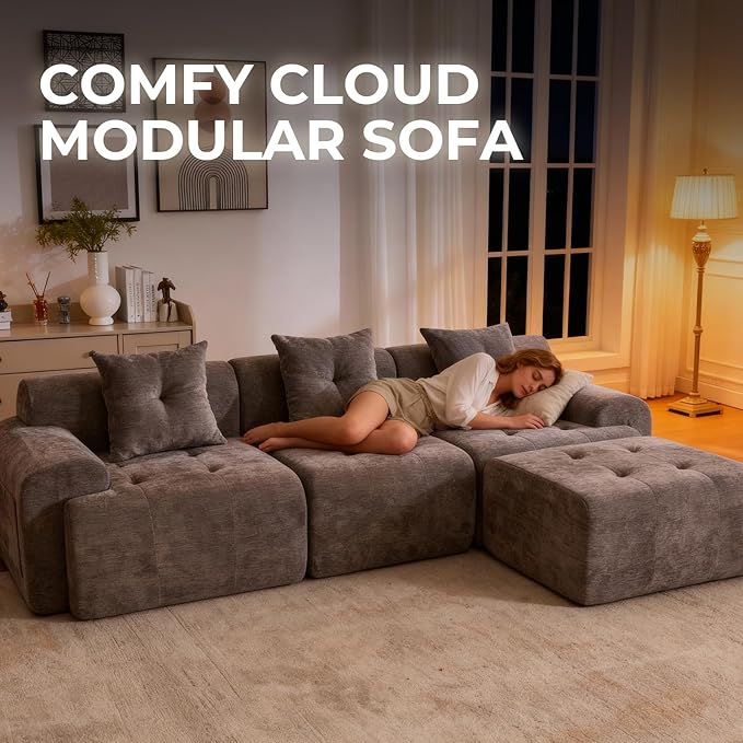 129.23”Modular Sectional Couch for Living Room, Modren L-Shape Cloud Sectional 4-Seater Sofa with Movable Ottoman, Woven Texture Upholstery Boneless Couch, No Assembly, Grey
