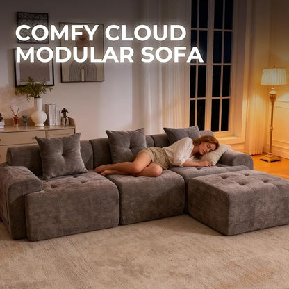 129.23”Modular Sectional Couch for Living Room, Modren L-Shape Cloud Sectional 4-Seater Sofa with 2 Movable Ottomans, Woven Texture Upholstery Boneless Couch, No Assembly, Grey