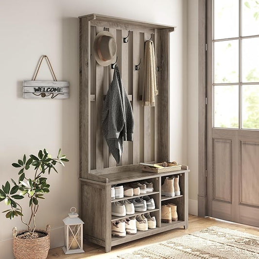 VASAGLE Hall Tree with Bench and Shoe Storage, Coat Rack with Shoe Bench, 7 Double Hooks for Jackets, Hats, Entryway, Bedroom, Living Room, 13.8 x 31.9 x 70.9 Inches, Heather Greige UHSR414G01