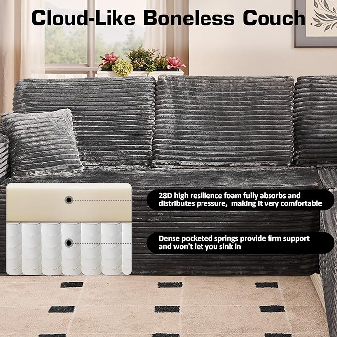 Weaxty Boneless Sectional Couch, Oversized L Shaped Modular Cloud Couches, Plush Corduroy Memory Foam Deep Seat Floor Sofa, No Assembly Required，Gray