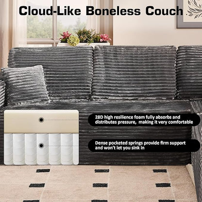 Weaxty Boneless Sectional Couch, Oversized L Shaped Modular Cloud Couches, Plush Corduroy Memory Foam Deep Seat Floor Sofa, No Assembly Required，Gray