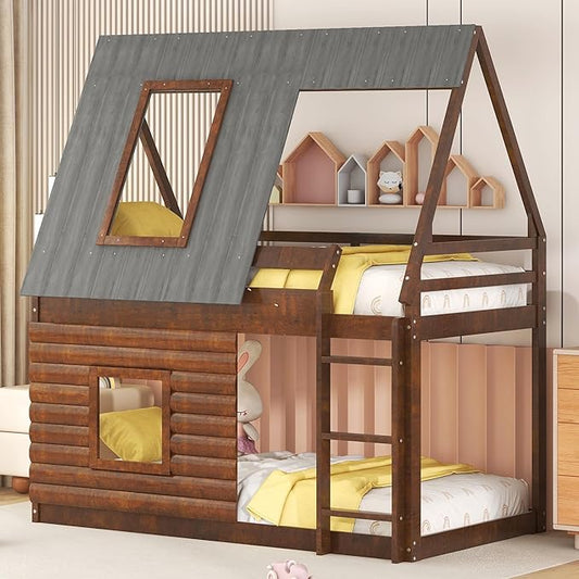 Wood Twin Size House Bunk Bed with Roof Ladder and 2 Windows,Floor Bedframe Low Bed Frame for Boys Girls Kids Teens Bedroom,Oak & Smoky Grey,Easy to Install,Brown