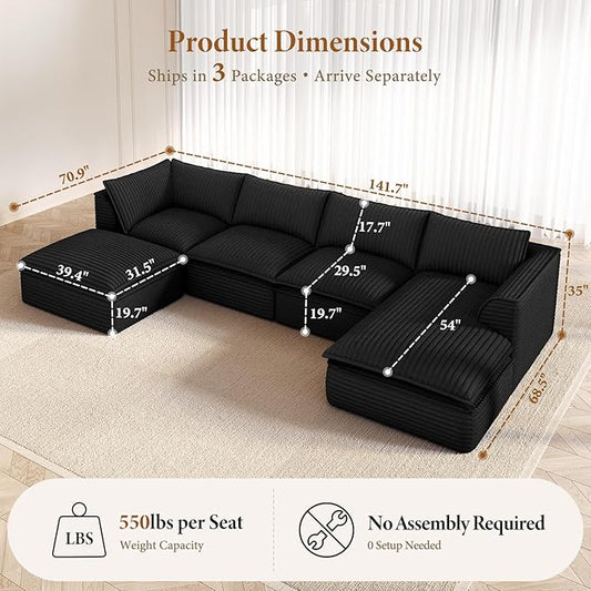 Vesgantti 141.7" U Shaped Sectional Boneless Couch, Modern 6 Seater Modular Sofa with Chaise & Ottoman, Deep Seat Plush Corduroy Cloud Couches for Living Room, No Assembly Required, Black