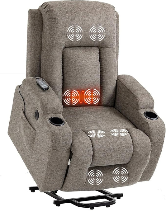 PELUMY Manual Lift Recliner Chair for Elderly with Massage & Heat, Oversized Heavy Duty 350 lbs Recliner with Cup Holders & USB Ports, Infinite Positioning Lift Chair for Adults (Linen Fabric, Brown)