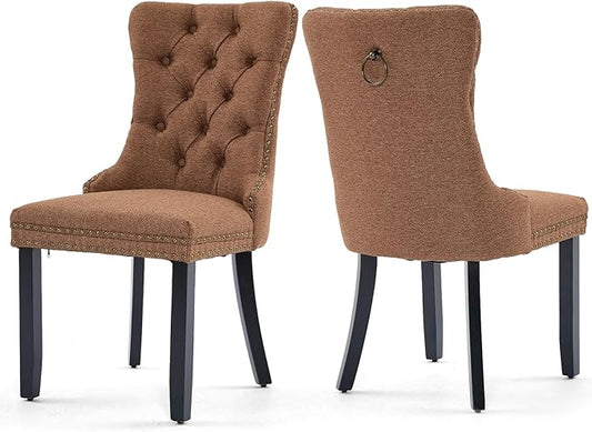 Linen Upholstered Dining Chairs Set of 2, Modern Style Kitchen Side Chairs with Nailhead Trim and Wood Leg, Metal Pulling Ring for Dining Room Living Room(Coffee,Set of 2)