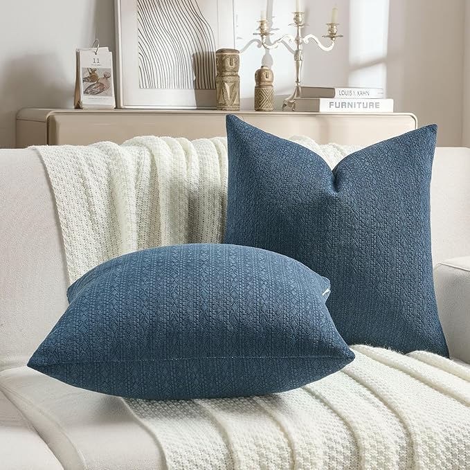 FUTEI Navy Blue Chenille Throw Pillow Covers 16x16 Inch Set of 2,Soft Striped & Diamond Textured Cushion Cases,Modern Home Decor for Couch Living Room