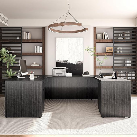 67'' U Shaped Bow Front Executive Desk with 2 Storage File Cabinets