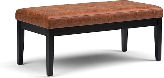 SIMPLIHOME Lacey 41 inch Wide Contemporary Rectangle Tufted Ottoman Bench in Distressed Saddle Brown Vegan Faux Leather, Assembled, For the Living Room and Bedroom