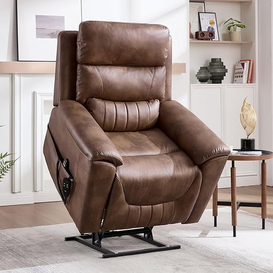 Power Lift Recliner Chair for Elderly People, Dual Motor Lay Flat Recliner with Vibration Massage and Heat, Heavy Duty Motion Mechanism Standing Assistance Reclining Chair, Faux Leather Brown
