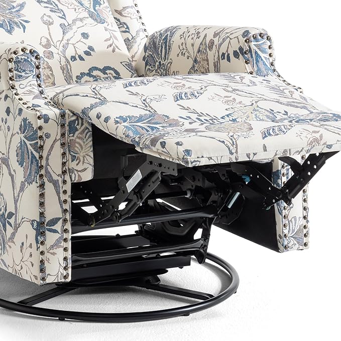 UIXE Swivel Rocker Manual Recliner Chairs Set of 2, Wingback Swivel Glider Fabric Nursery Reclining Sofa Chair, High Back Upholstered Arm Chair for Living Room Bedroom - Blue Plants