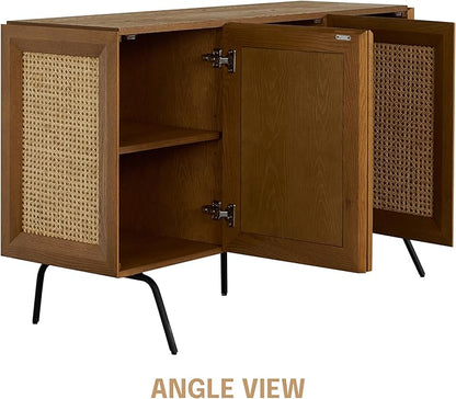 NTC MOSSIC Modern Sideboard with 3 Doors, Natural Rattan Storage Cabinet, Buffet with Metal Legs, Boho Accent Cabinet for Living Room, and Entryway, Effortless Assembly - Rustic Oak